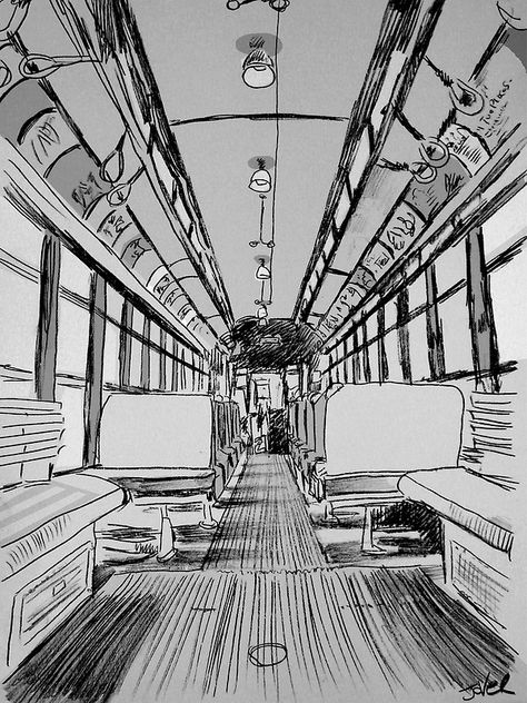 Liner Perspective Drawing, 1pt Perspective Drawings, Bus Interior Drawing, Perspective Drawing Aesthetic, Tram Point Drawing, Space Perspective Drawing, Bus Perspective, One Point Perspective Reference, 1point Perspective Drawing