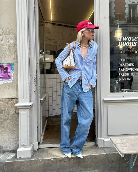 The cap is from my favourite vintage store - my grandpa’s closet . . . #streetwearbeast #streetwearblog #streetwearsource jeans heels… | Instagram Outfits With Caps For Women, Red Heels Outfit, Jean Shirt Outfits, Black Mode, Casual Heels Outfit, Casual Denim Outfits, Cap Outfit, Jeans Heels, Casual Fall Outfit