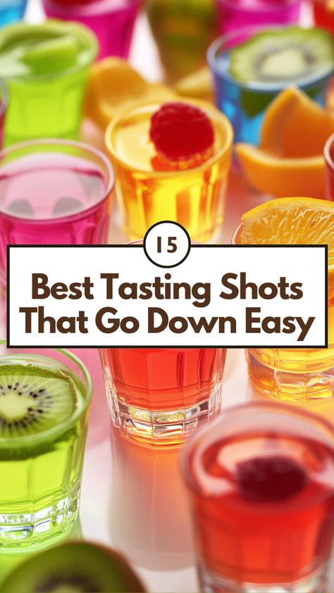 An assortment of colorful shot glasses filled with fruity and smooth drinks, perfect for easy-to-drink party shots. Common Bar Drinks Recipes, Best Tasting Alcoholic Drinks, Types Of Shots Alcohol, Shots With Grenadine, Cute Bar Drinks, Common Shots At Bars, Shots That Taste Good, Skittle Shots Recipe, Easy Party Shots