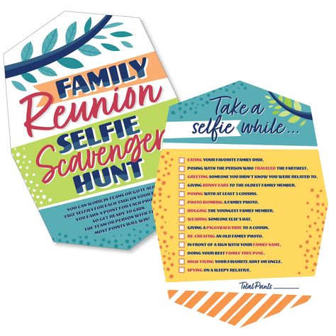 PRICES MAY VARY. Colorful Family Reunion Selfie Scavenger Hunt party game INCLUDES 12 game cards with selfie prompts for either team or individual play at your family gathering party. FUN PARTY GAME: Colorful Family Reunion Selfie Scavenger Hunt game will be enjoyed by all your party guests of all ages. Each game card measures 5” wide x 7” tall and is cut in a fun shape. This game is perfect for playing with friends and family and is the ideal icebreaker at your family gathering party. HOW TO PL Selfie Scavenger Hunt, Scavenger Hunt Party, Scavenger Hunt Games, Reunion Games, Family Reunion Games, Fun Party Games, The End Game, Birthday Games, Big Dot Of Happiness