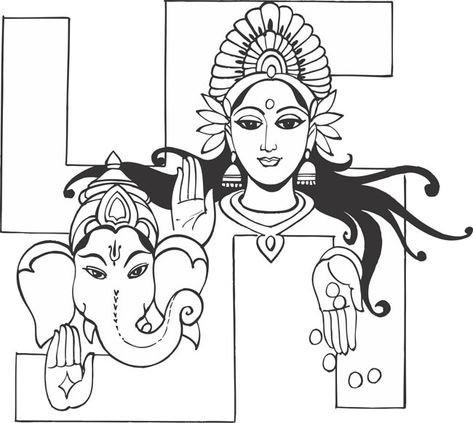 Ganesh And Lakshmi Drawing, Ganesh Lakshmi Drawing, Lakshmi Ganesh Painting, Cute Lakshmi Goddess Cartoon, Swastik Painting Art, Drawing On Indian Festivals, Laxmi Ganesh Drawing, Lakshmi Devi Drawing, God Mandala Art