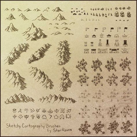 Sketchy Cartography Brushes by StarRaven Texture Photoshop, Cartography Map, Map Sketch, Fantasy Map Making, Mountains And Trees, Map Symbols, Seni Pastel, Photoshop Brushes Free, Fantasy World Map