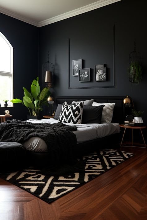 Black Walls White Trim Bedroom, Bedroom Black Interior, Ikea Bedroom Ideas Black, Black Frame On Black Wall, Black Wall In Bedroom Ideas, Black Wall Home Decor, Black Gray Cream Bedroom, Home Design Black And White, Bedroom Ideas With Black Wall