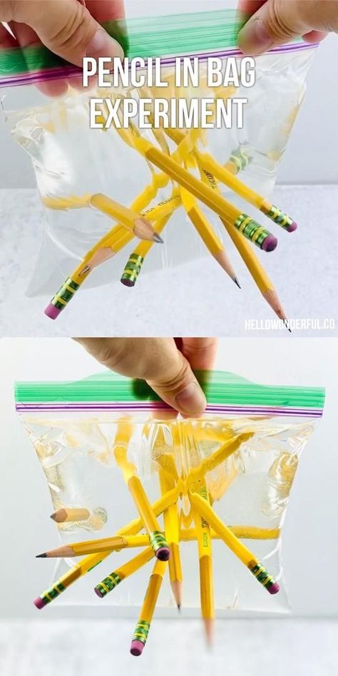 This amazing Pencil in Water Bag Experiment is a cool science project for kids with instant wow factor. Best part is you probably have all the supplies. Science Project For Kids, Vetenskapliga Experiment, Science Experiments Kids Preschool, Cool Science Projects, Science Experiments Kids Easy, Easy Science Projects, Science Experience, Science Experiment For Kids, مشروعات العلوم