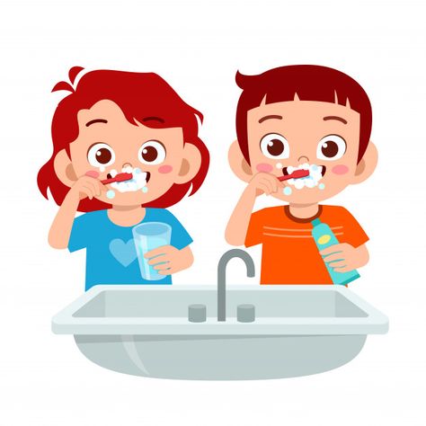 Happy cute kid boy and girl brush clean ... | Premium Vector #Freepik #vector #medical #girl #character #cartoon Brush Teeth Clipart, Good Habits For Kids, Dentist Cartoon, Hygiene Activities, Teeth Illustration, Tooth Cartoon, Kesehatan Gigi, Brush Teeth Kids, Clean Teeth