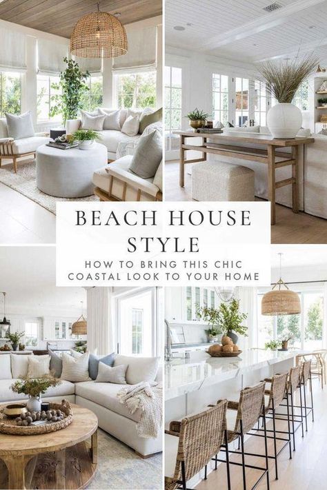 Beautiful beach house style decorating ideas to bring a touch of modern organic coastal style to your living room, bedroom, kitchen and home in 2024 - pure salt interiors Modern Coastal House Decor, Beach House Apartment Decor, Zen Beach House, Airbnb Beach House Design, Coastal Cottage Decorating Living Room, Modern Airbnb Design, Florida Modern Interiors, Beach House Styling, Lake House Chic