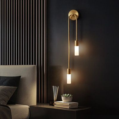 Featuring a brass gold finish and white frosted shade, this 2-lights wall sconce perfectly matches contemporary, minimalist, Scandinavian, industrial, luxe, mix-and-match styles, and more. Orientation: Left | Mercer41 Kisara 2 - Light Solid Brass Armed Sconce Glass / Metal in Pink / White / Yellow | 22 H x 3.5 W x 3.15 D in | Wayfair Scones Bedroom Ideas, Modern Bedroom Sconces Bedside, Double Wall Lights, Plain Wall, Wall Scones, Modern Wall Sconces, Modern Sconces, Led Wall Lamp, Led Wall Lights