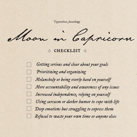 Moon In Capricorn Astrology, New Moon In Capricorn 2024, Capricorn Moon Women, Typewriter Astrology, Capricorn Moon Aesthetic, Witch Hacks, Capricorn Moon Sign, Occult Studies, Astro Chart