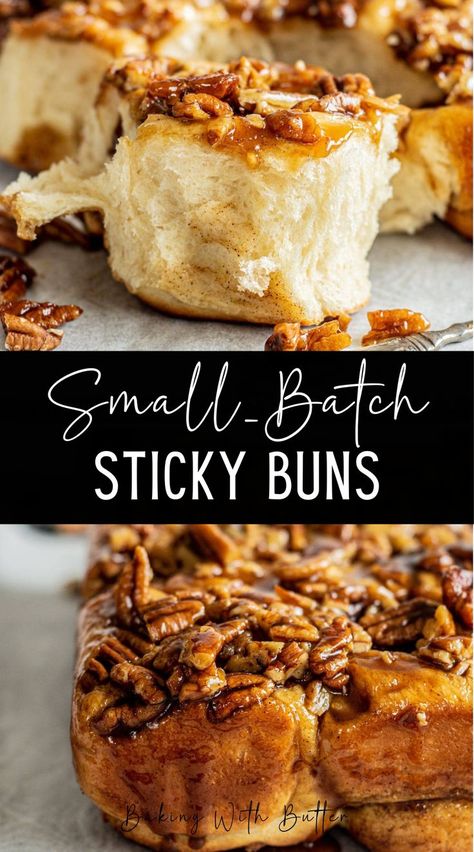 This small-batch sticky buns recipe makes 9 perfectly fluffy cinnamon rolls topped with gooey honey caramel and pecans. This recipe has the option to make same-day or overnight sticky buns. Overnight Sticky Buns, Easy Hot Cross Buns Recipe, Hot Cross Buns Recipe Easy, Sticky Buns Recipe, Recipe Using Honey, Cross Buns Recipe, Small Batch Cookies, Cinnamon Bun Recipe, Sticky Buns Recipes