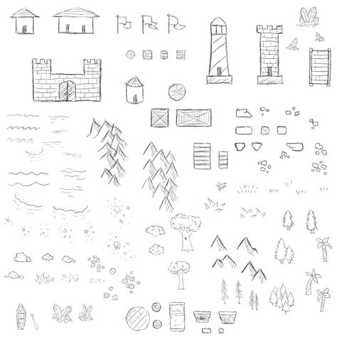 This ruche pack of 108 map making pack includes such map ... Fantasy Map Drawing Ideas, Map Elements, Mountains Flowers, Map Sketch, Draw Reference, Fantasy Map Making, Map Creator, Make A Map, Map Making