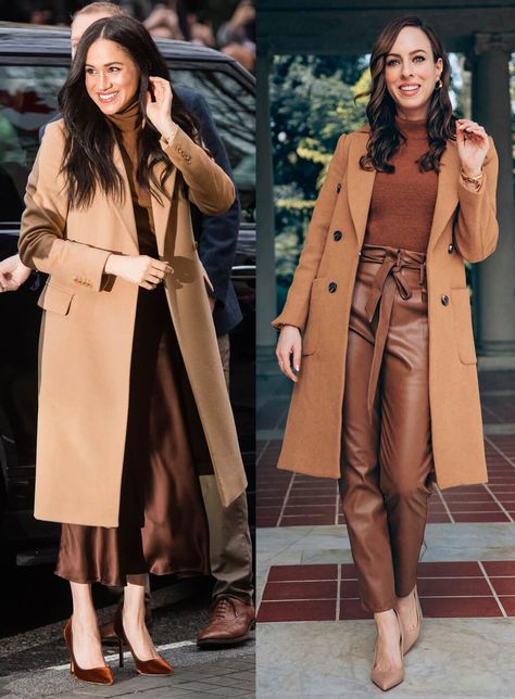 Meghan Markle Outfits, Camel Coat Outfit, Looks Kate Middleton, Meghan Markle Style, Brown Outfit, Brown Pants, Camel Coat, Coat Outfits, 가을 패션