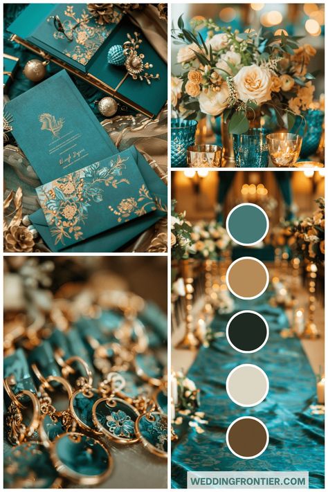 Dreaming of a wedding that effortlessly blends elegance with a touch of whimsy? A teal and gold wedding theme might just be your perfect match. These colors Wedding Themes With Gold, Black Teal Gold Wedding, Teal Color Wedding Theme, Dark Teal And Champagne Wedding, Teal Balloons Color Schemes, Tan And Turquoise Wedding, Turquoise And Champagne Wedding Ideas, Spring Teal Wedding, Teal And Gold Table Setting