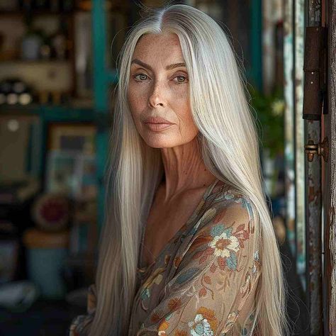 19 Trendy & Easy Long Hairstyles for Women Over 50 Long Grey Hairstyles For Women Over 50, Long Grey Hairstyles, Long Hair Long Face, White Hair Older Women, Long Silver Hair Older Women, Long Hair Older Women Over 50 Style, Older Women Long Hair, Long Hair For Women Over 50, Long Grey Hair Over 50