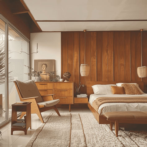 Steal These Chic Mid-Century Modern Bedroom Design Ideas - Edward George Mid Century Bedroom Lights, 1950s Interior Design Bedroom, Mid Century Modern Bedroom Vintage, Timeless Mid Century Modern, Mid Century Modern Finishes, Wood Panel Walls Mid Century, Large Mid Century Modern Living Room, Mid Century Paneling, Mid Century Modern Accent Wall Bedroom