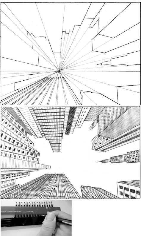 tutorial city in perspective 2 by ~lamorghana on deviantART...Love looking up.  Something different then the aerial view. New York Perspective Drawing, City In Perspective, Lukisan Lanskap, Sky Line, One Point Perspective, Seni Dan Kraf, Siluete Umane, Perspective Art, Perspective Drawing