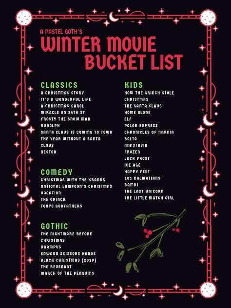 Goth Bucket List, Winter Movie Marathon, Winter Movie Bucket List, Movies For Winter, Christmas Movie List 2023, Christmas Movies Bucket List, Movies To Watch In January, Movies To Watch In Winter, Winter Movie List