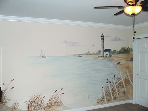 What beach mural would be complete without a lighthouse? Ocean Murals, Nautical Mural, Wallpaper For Kids Room, Sea Murals, Ocean Mural, Painted Ideas, Bathroom Mural, Cape Cod Beach, Beach Mural