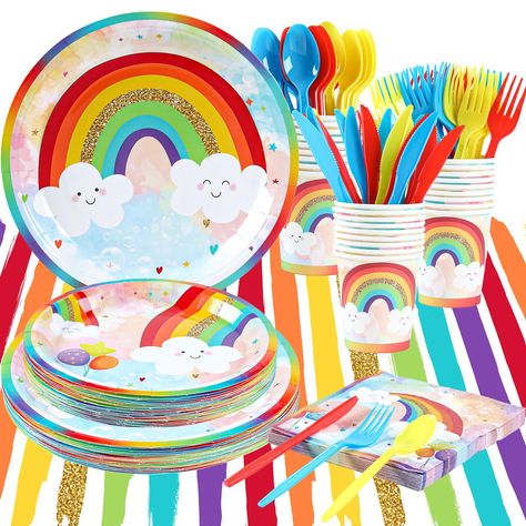 PRICES MAY VARY. 🌈 Rainbow Birthday Decorations Dinnerware Set*- This Vibrant party supplies package includes; 24Pcs 9" thick paper plates,24pcs 7" thick paper plates, 24pcs napkins, 24pcs cups, 24pcs napkins, 24pcs Silverware set (Forks, knifes, spoons) and rainbow tablecloth to create a vibrant and Colorful rainbow themed celebration. 💯 Premium & High Quality*- Our Rainbow Party tableware is Made from durable and reliable paper materials, ensuring that your decorations stay intact throughout Rainbow Plates, Rainbow Birthday Decorations, Rainbow Unicorn Birthday Party, Rainbow Party Supplies, Rainbow Party Decorations, Rainbow Theme Party, Rainbow Parties, Rainbow Unicorn Birthday, Birthday Plate