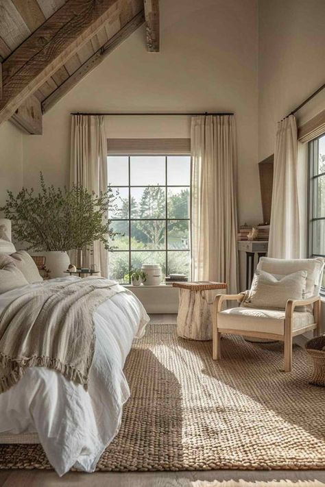 20 Inspiring cozy modern neutral bedroom ideas Guest Room Organic Modern, Master Rooms Bedrooms, Beige Guest Room Ideas, Country Home Aesthetic Bedroom, Ideas For Large Bedrooms, Earthy Master Bed, Bedroom With Windows All Around, Bedroom Inspo Aesthetic Minimal, White And Off White Bedroom