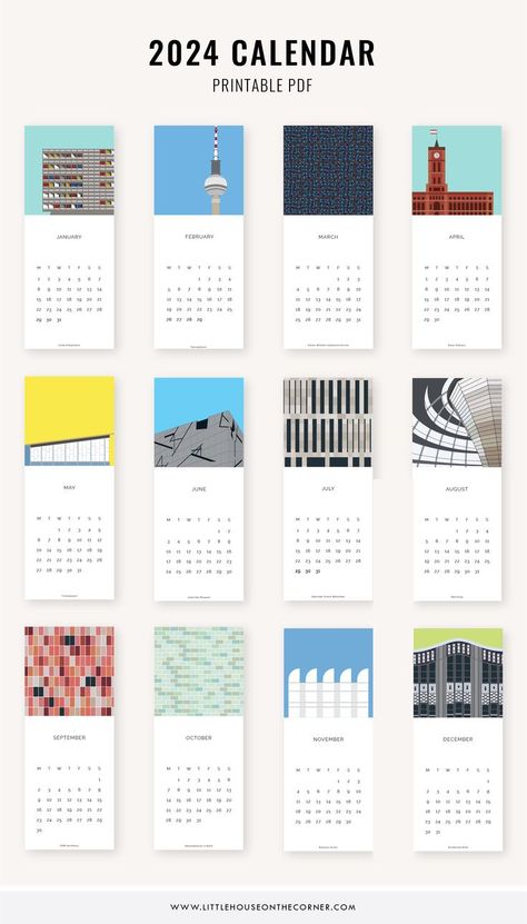 12 pages of 2024 calendar showing illustrations of Berlin buildings Berlin, Berlin Buildings, 2024 Calendar Printable, 달력 디자인, Cool Calendars, Photo Games, Planning Calendar, Calendar Icon, Calendar Organization