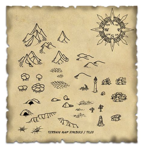 Terrain Map Symbol / Tiles cartography icons | Create your own roleplaying game material w/ RPG Bard: www.rpgbard.com | Writing inspiration for Dungeons and Dragons DND D&D Pathfinder PFRPG Warhammer 40k Star Wars Shadowrun Call of Cthulhu Lord of the Rings LoTR + d20 fantasy science fiction scifi horror design | Not Trusty Sword art: click artwork for source Cartography Map, Map Sketch, Fantasy Map Making, Map Symbols, Fantasy World Map, Map Icons, Drawn Map, Terrain Map, Rpg Map