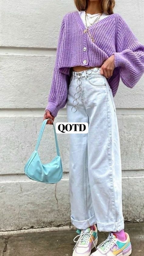 Chic Clothing Aesthetic, Purple Cardigan Aesthetic, Cute Cardigans Aesthetic, Purple Themed Outfits, Cute Cardigan Outfits Aesthetic, Purple Clothing Aesthetic, Cute February Outfits, Purple Casual Outfit, White Pants Outfit Aesthetic