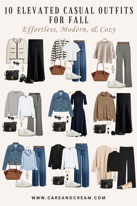 Elevated casual fall outfits for women—a curated collection of 10 autumn outfit options that combine ease with style. Get inspired by our fall fashion outfits and create your own fall outfit ideas. Boost your fall style and build a versatile fall capsule wardrobe. Discover cute, classy, and cozy everyday fall outfits; this is a must-read for anyone loving casual fall fashion. Women Fall Capsule Wardrobe, Packing Light For Autumn Travel, Style For Autumn 2024, Fall Wardrobe 2024 Over 60, Ladies Autumn Fashion 2024, Womens Fall Capsule Wardrobe 2024, Fall Outfits With Olive Green Jacket, Versatile Outfits Capsule Wardrobe, 10 Days Travel Outfits Fall