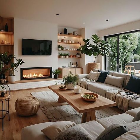 Cozy Modern House Aesthetic, Modern Cozy Lounge, Contemporary Luxe Interior Design, Danish Living Room Hygge, Simple Home Decor Inspiration, Modern Organic Apartment Decor, Open Living Room Layout With Fireplace, Modern Lounge Ideas Living Rooms, Minimalist Mid Century Living Room