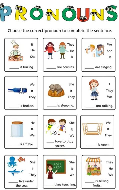 This is a fun worksheet to practice pronouns with your EFL students. Worksheet Pronouns, English Pronouns, Therapy Homework, Materi Bahasa Inggris, Teach English To Kids, English Grammar For Kids, Grammar For Kids, English Teaching Materials, English Activities For Kids