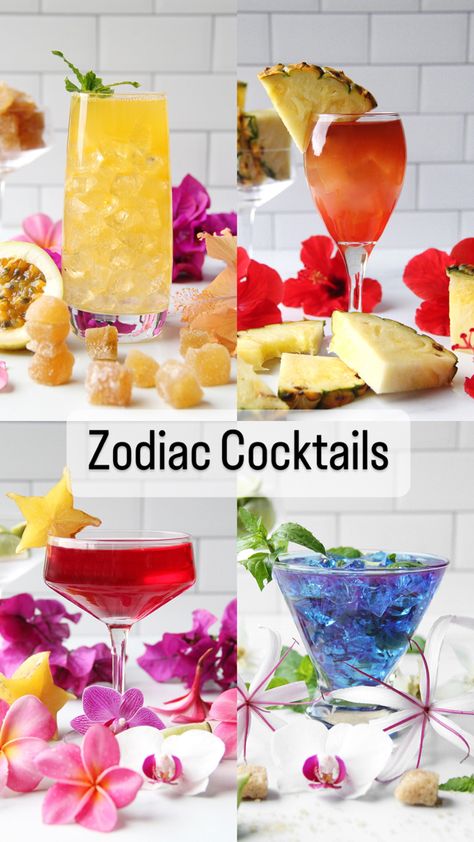 Four colorful, tropical cocktails Zodiac Alcohol Drinks, Cute Birthday Cocktails, Zodiac Sign Cocktails, Drink Theme Ideas, 25th Birthday Cocktails, Zodiac Signs Party Theme, Simple Party Cocktails, Friend Cocktail Night, Zodiac Cocktails Sagittarius