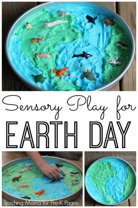 Sensory Play for Earth Day. Your Preschool Kids will Enjoy Learning about Earth Day, plus animals and their habitats with this fun sensory activity! - Pre-K Pages Earth Day Activity, Earth Activities, Earth Week, Pre K Pages, Earth Day Projects, Spring Art Projects, Toddler Art Projects, Earth Day Crafts, Sensory Activity