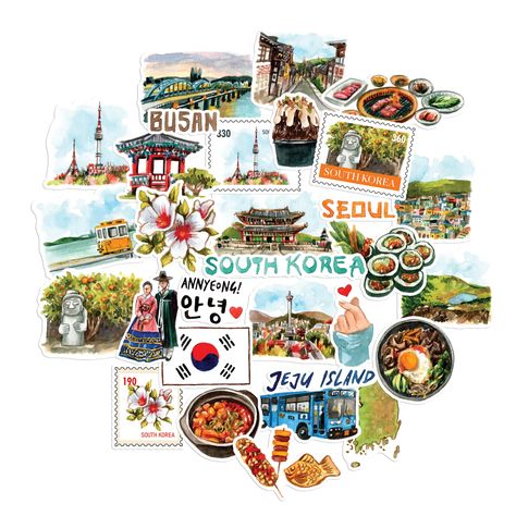 PRICES MAY VARY. IMMERSIVE KOREAN EXPERIENCE. Embark on a visual adventure through South Korea's rich culture and iconic landmarks with our meticulously designed travel sticker set. Each sticker is thoughtfully crafted to encapsulate the essence of South Korea's beauty and heritage. Capture the heart of South Korea's identity with stickers featuring its flag, a map of the nation, and the elegant Hibiscus Syriacus, its national flower. 30 PIECES OF DIE-CUT TRAVEL STICKERS giving you an assortment Korea Scrapbook, Korea Watercolor, Map Of Korea, Korea Painting, Korea Stickers, Beautiful Easy Drawings, South Korea Culture, Korea Culture, Korean Travel