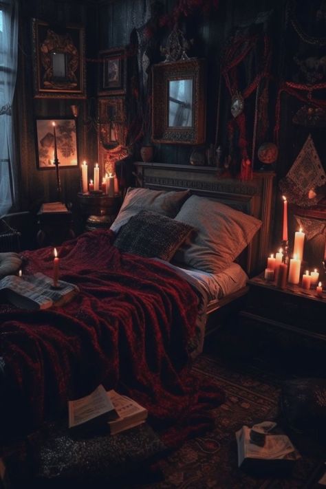 Witch Aesthetic Bedroom, Witchy Bedroom Ideas, Gothic Bedroom Ideas, Witch Bedrooms, Witchy Bedroom, Goth Bedroom, Gothic Bedroom, Balkon Design, Dark Bedroom