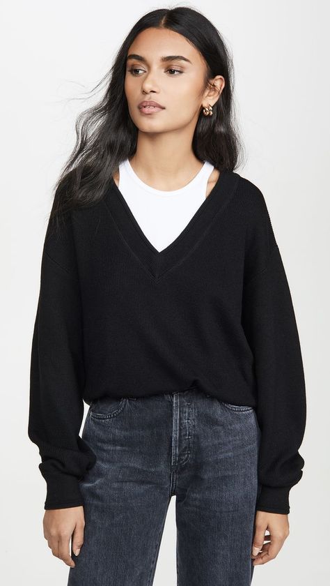 alexanderwang.t Bi-Layer V-Neck Sweater Vneck Sweater Outfit, Knitted Sweater Outfit, Black V Neck Sweater, Sweater Layering, Sweater Outfit, Layering Outfits, Outfit Aesthetic, China Fashion, Waist Length