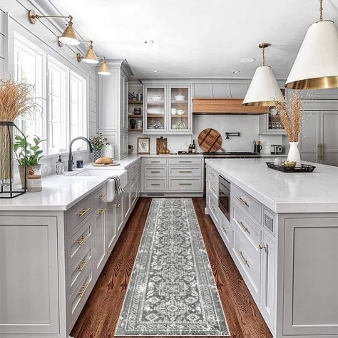 White Cabinets, Kitchen Rugs Washable, Laundry Room Rugs, Gray Kitchen, Kitchen Runner Rug, Kitchen Mats Floor, Grey Kitchens, Large Kitchen, Carpet Runner