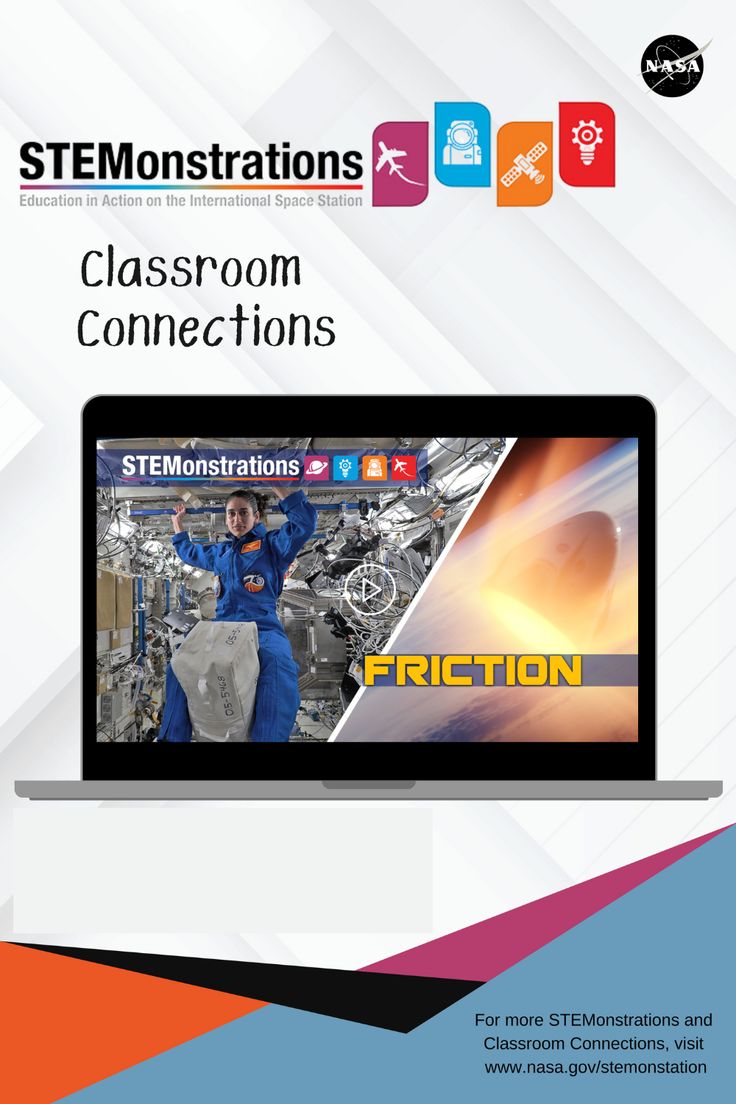 A video thumbnail of astronaut Jasmin Moghbeli is on the screen of a cartoon laptop computer. The Thumbnail reads, "STEMonstration Friction." Behind the laptop is a grey background with geometric patterns and the purple, blue, orange, and red STEMonstrations logo. Technology, Shooting Stars, Jasmin Moghbeli, Nasa Astronaut, International Space Station, Shooting Star, Space Station, Have You Ever, Nasa