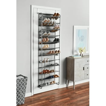 Mainstays 36 Pair Over-the-Door Closet Shoe Organizer Rack for 36 Pairs, 12 Tier, Metal, Gray