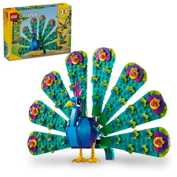 LEGO Creator 3 in 1 Exotic Peacock Bird Toy, Transforms from Peacock to Dragonfly to Butterfly, Play-and-Display Gift Idea for Boys and Girls Ages 7 Years Old and up, 31157