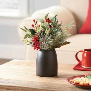 Mainstays 11" Decorative Tabletop Artificial Christmas Floral Eucalyptus & Pine in Black Ceramic Vase