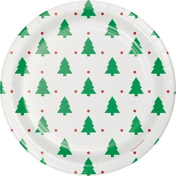 Red and Green Christmas Tree Round Disposable Paper Plates, 9 in, 20 Count, by Holiday Time