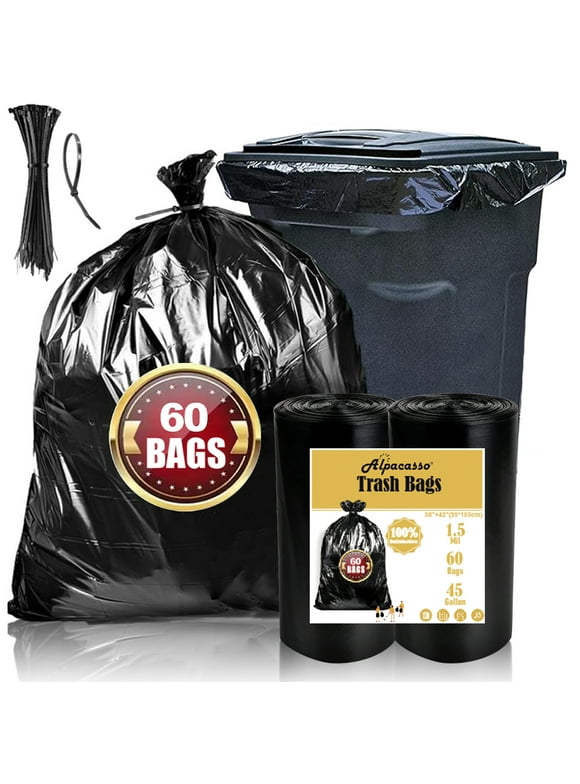 40-45 Gallon Trash Bags, 1.5Mil, Black Heavy Duty Garbage Can Liners 36'' x 44'' (60 Count)