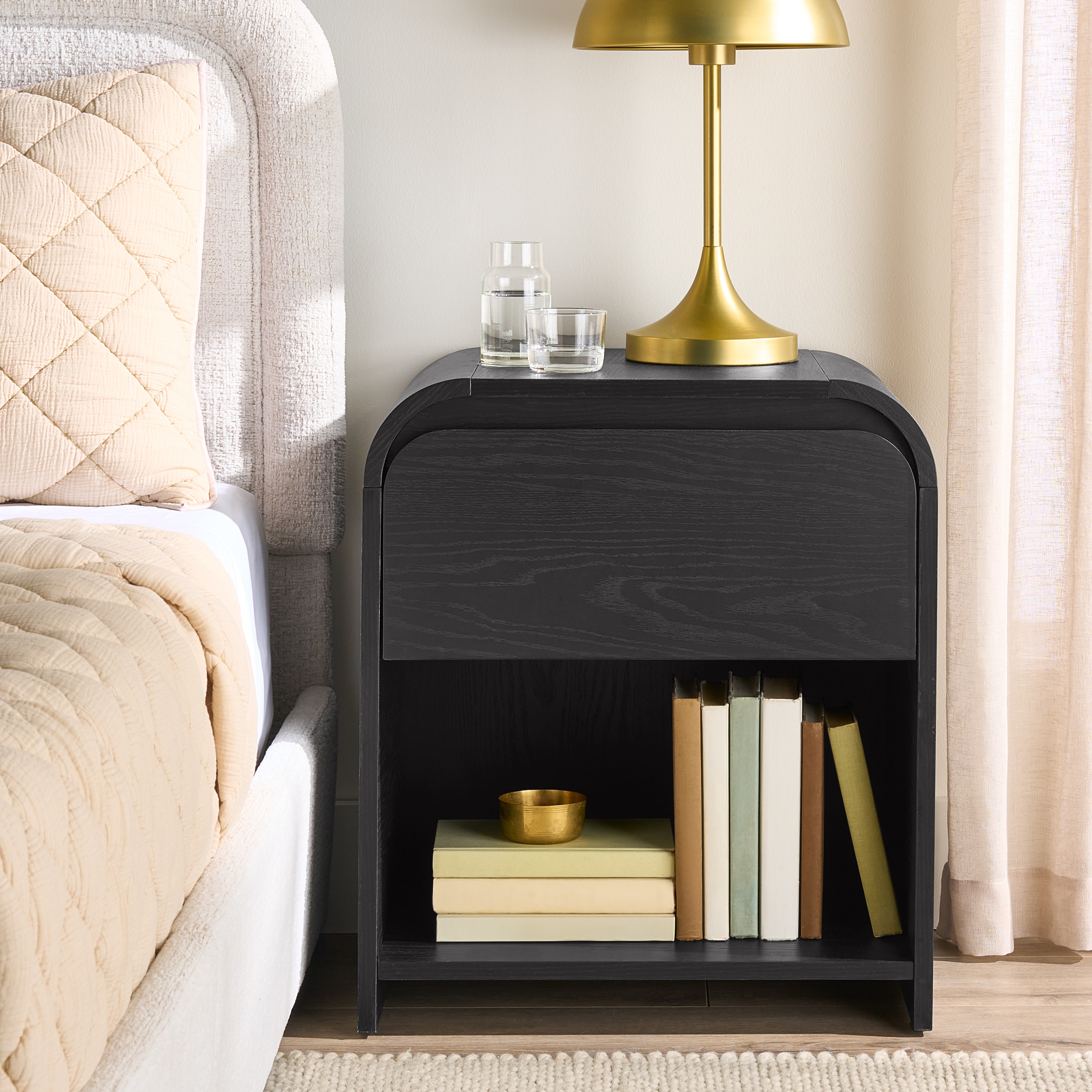 Better Homes & Gardens Juliet Arc Nightstand with USB, Drawer and Shelf for Bedroom, Rich Black