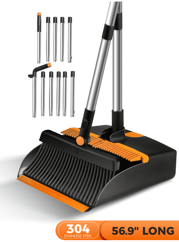 BIMZUC Broom and Dustpan Set for Home, Steel Dust Pan with 56.9" Long Handle Broom Combo for Kitchen