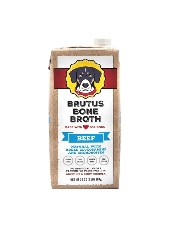 Brutus Bone Broth Beef for Dogs - 32 oz, All Natural Human Grade Dog Food Topper with Chondroitin Glucosamine Turmeric, Great for Picky Eaters & Dry Food, Tasty & Nutritious