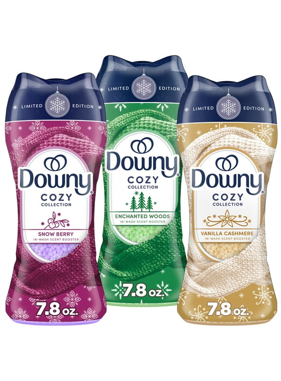 Downy Holiday Laundry Scent Booster Beads Trio Bundle in the festive Snow Berry, Enchanted Woods, and Vanilla Cashmere Scents