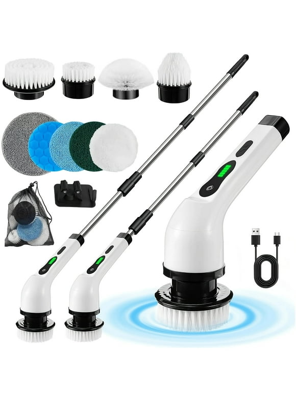 Electric Spin Scrubber, Cordless Cleaning Brush Waterproof with 9 Replaceable Brush Heads, 1.5H Power Dual Speed, 2024 New Shower Scrubber with Extension Handle for Bathroom Tub Tile Floor Car