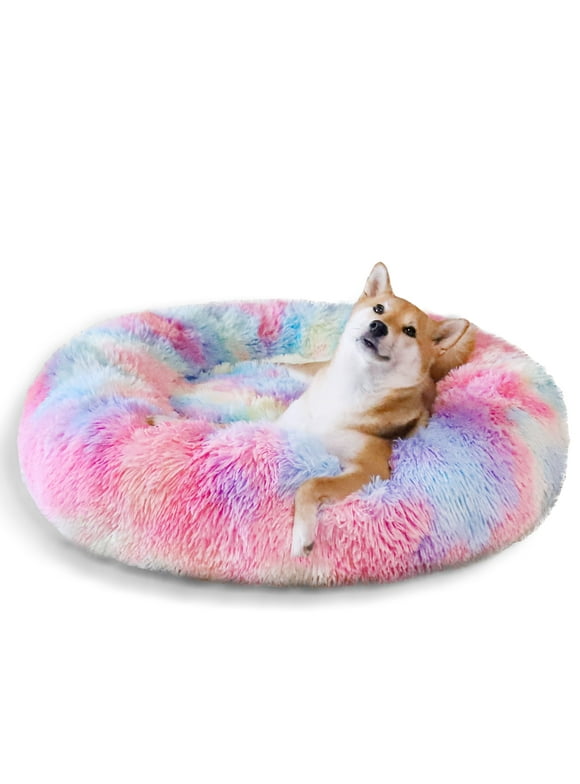 Exclusivo Mezcla Calming Donut Pet Bed for Small Dogs 20", Anti-Anxiety Plush Cozy Warming Dog Bed, Pink Rainbow