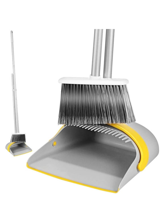 Eyliden Broom and Dustpan Set, Extendable to 52” Long Handle Broom Upright Stand Dustpan with Comb for Home Sweep, Grey