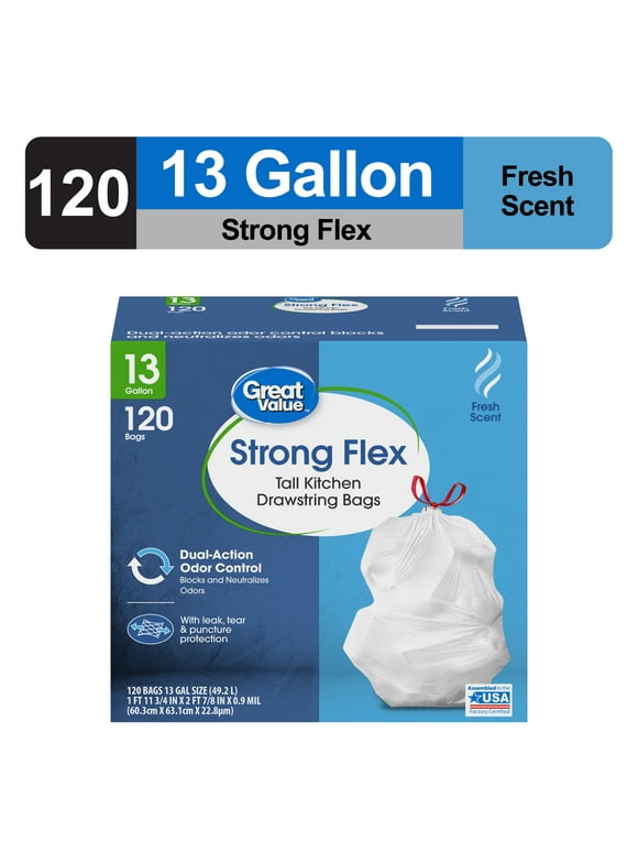 Great Value Strong Flex 13-Gallon Drawstring Tall Kitchen Trash Bags, Fresh Scent, 120 Bags