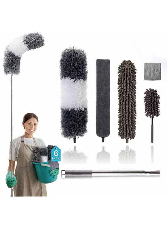 Happylost Dusters for Cleaning, Microfiber Feather Duster Kit for High Ceilings (6pcs), 100" Long Extendable Ceiling Fan Cleaner Duster with Extension Pole, Gray